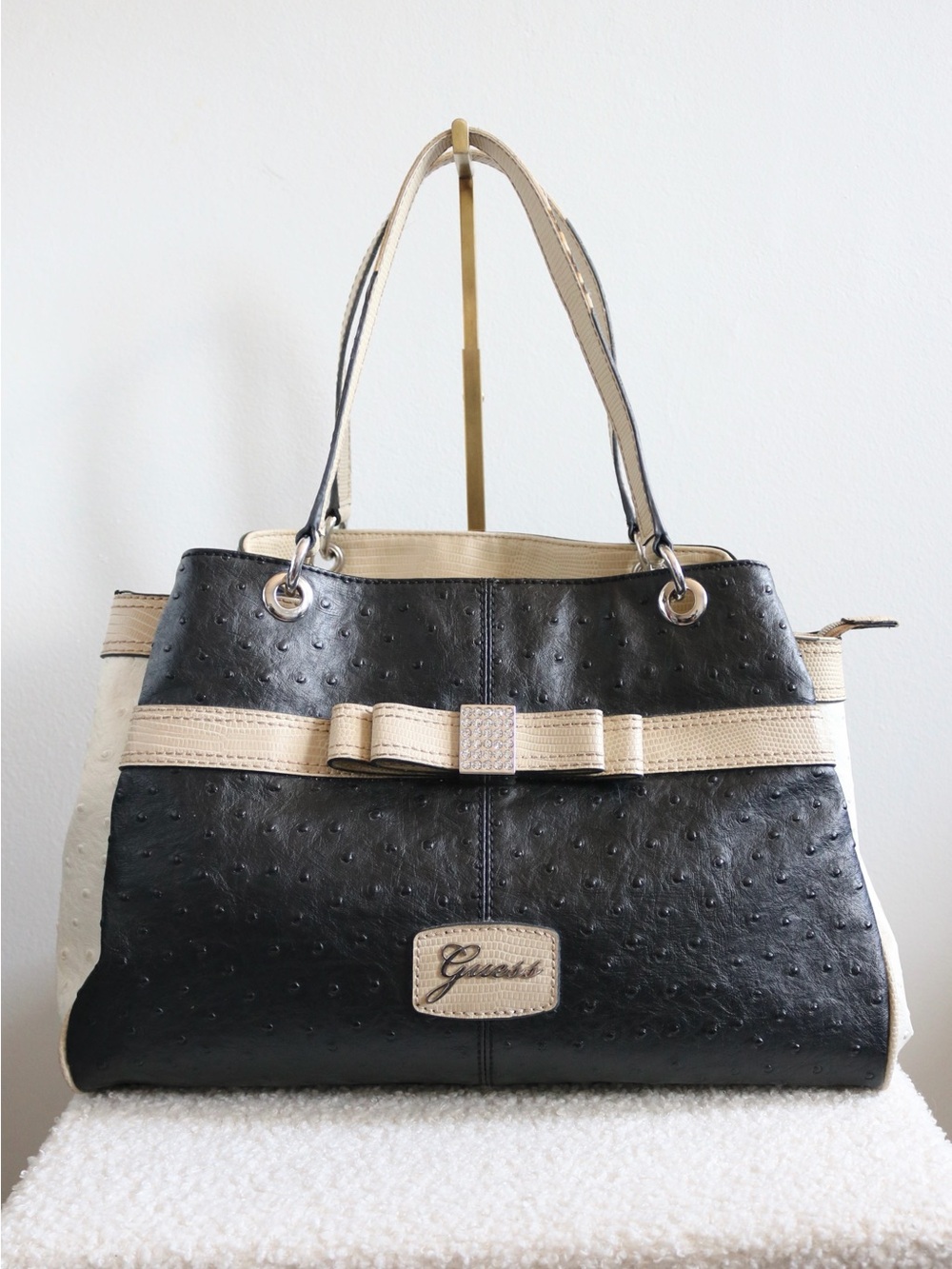 Vintage Y2K Guess Shoulder Bag Purse Cream Black Faux Ostrich Bow Rhinestone